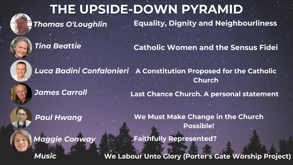 THE UPSIDE-DOWN PYRAMID Equality, Dignity and Neighbourliness - Thomas O'Loughlin Catholic Women and the Sensus Fidei - Tina Beattie A Constitution Proposed for the Catholic Church - Luca Badini Confalonieri Last Chance Church: A Personal Statement - James Carroll We must make Change in the Church Possible! - Paul Hwang Faithfully Represented? The 22 Synodal Diocesan Syntheses of England and Wales - Maggie Conway MUSIC: We Labour Unto Glory (Porter's Gate Worship Project)